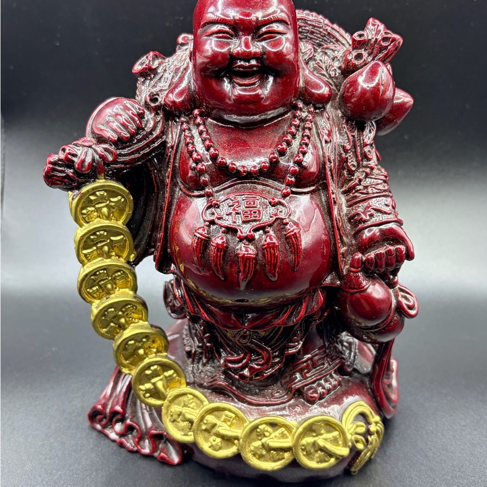 Red Laughing Buddha Figurine with Gold Coins